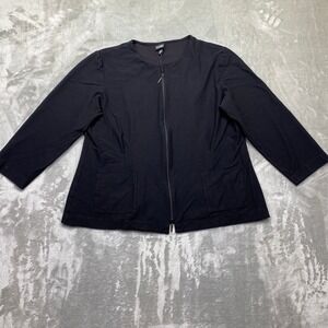 Eileen Fisher Black Zip Front Jacket Sleeve Pocket Sz L USA Preppy Career Grunge